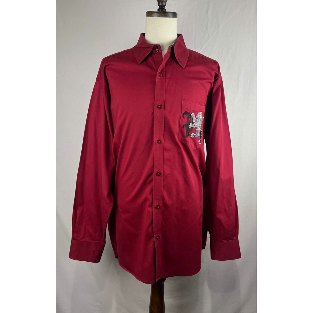 Pelle Pelle Mens Size Burgundy Red Plaid Embroidered Lion Crest Button Shirt 3XL